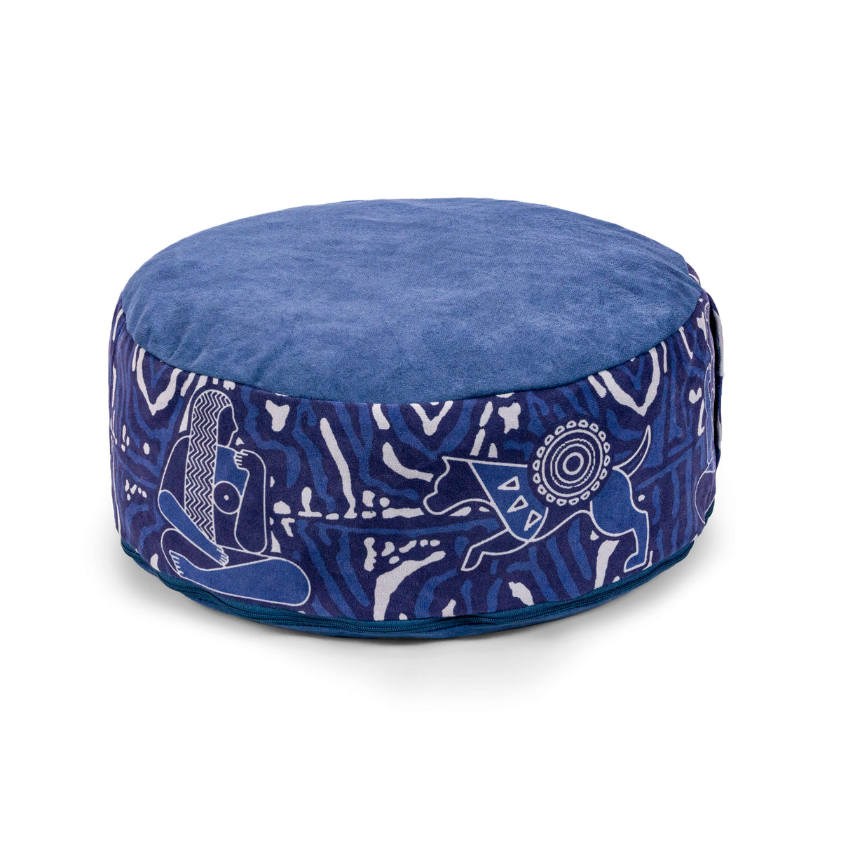 Royal Court meditation cushion in blue, solid top with white line-art figures and geometric shapes around the side