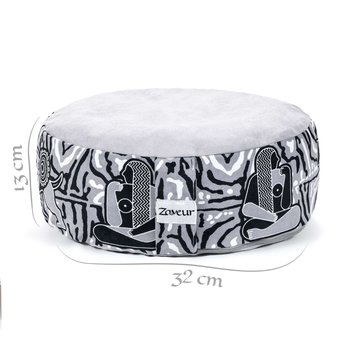 Royal Court meditation cushion in grey with black and white line-art figures, shown with 13 cm by 32 cm dimensions