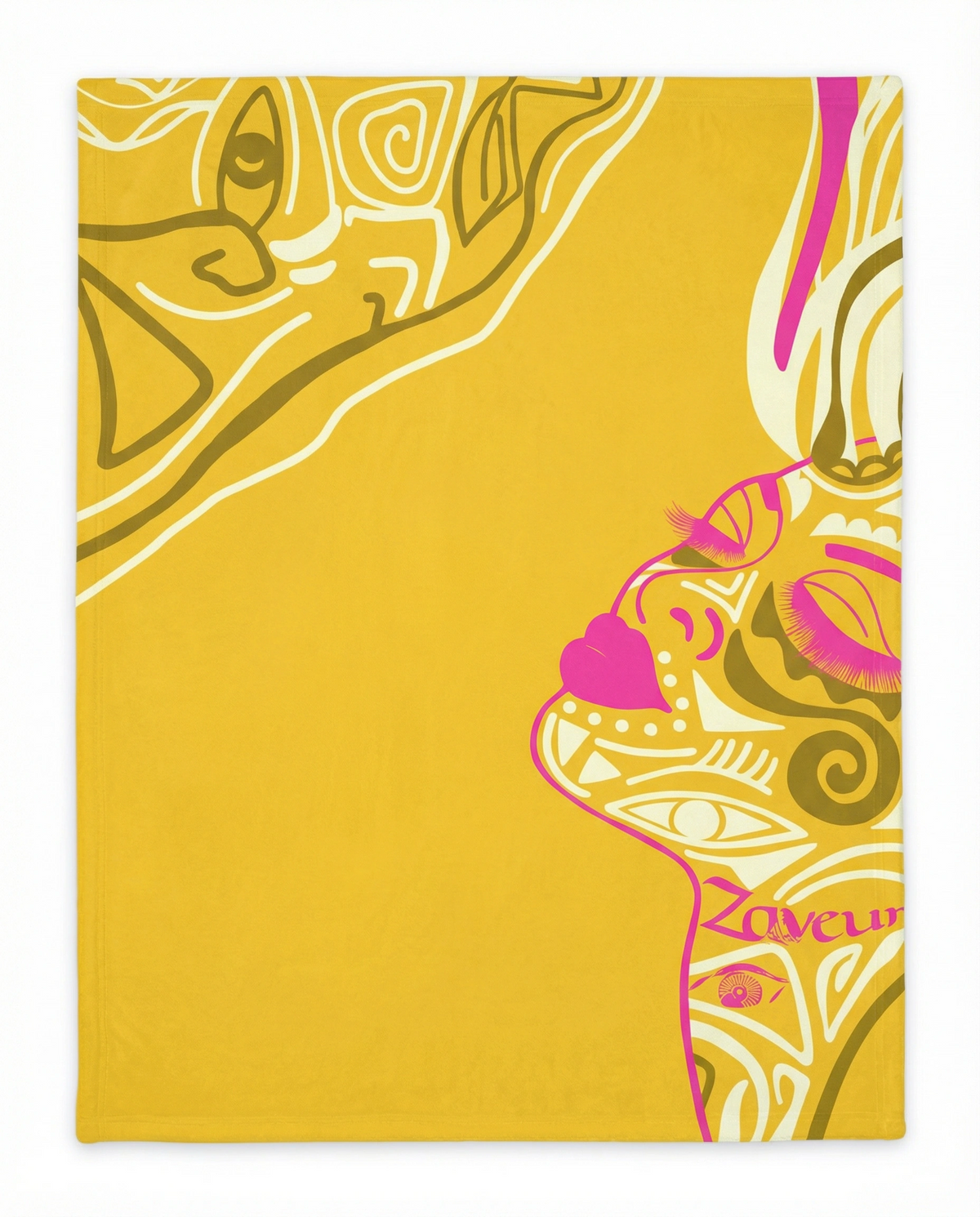 Queen of Phoenix velveteen blanket in golden yellow with a magenta and olive line-art face in profile, laid flat