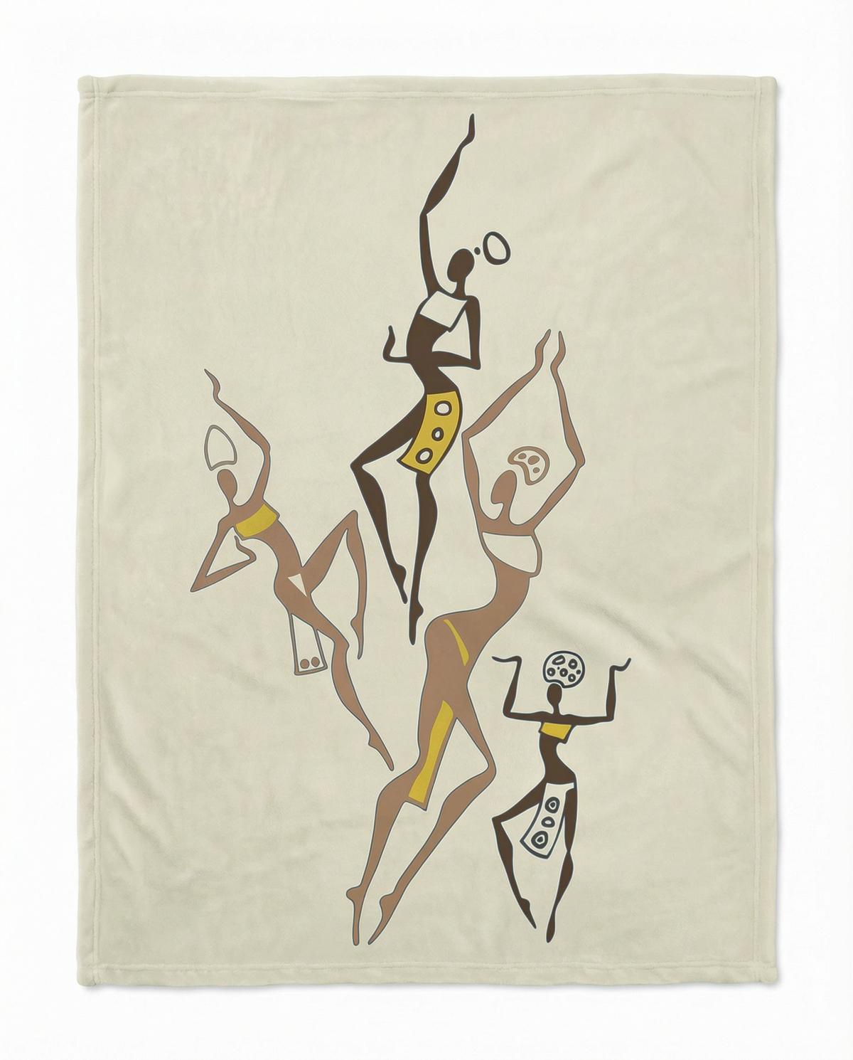 Dancing Ladies velveteen blanket in off-white, laid flat, with five dancing figures in brown, gold and cream