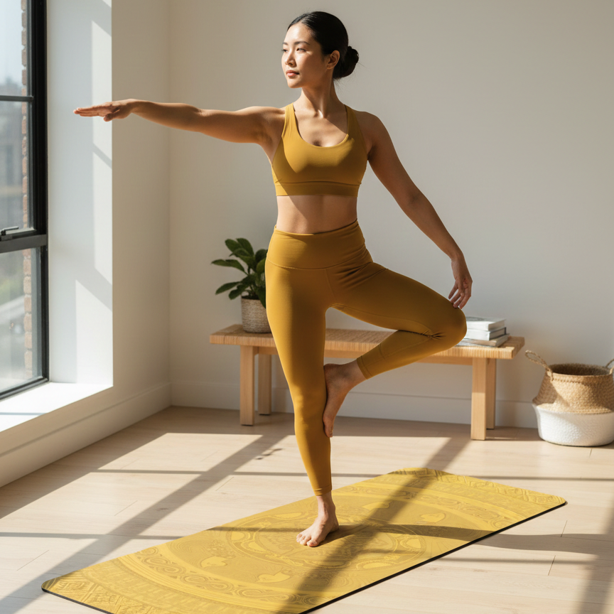 Woman in tree pose on the golden yellow Colombian Dreams yoga mat in a bright studio with a wooden bench