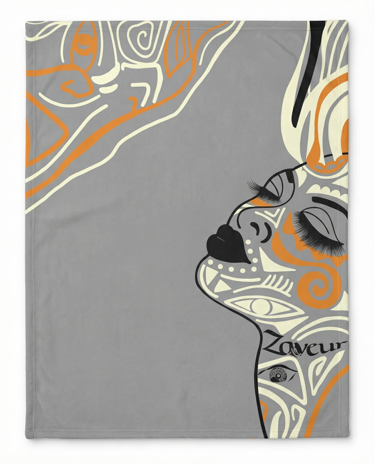 Queen of Phoenix velveteen blanket in grey with a cream and orange line-art face in profile, eyes closed, laid flat