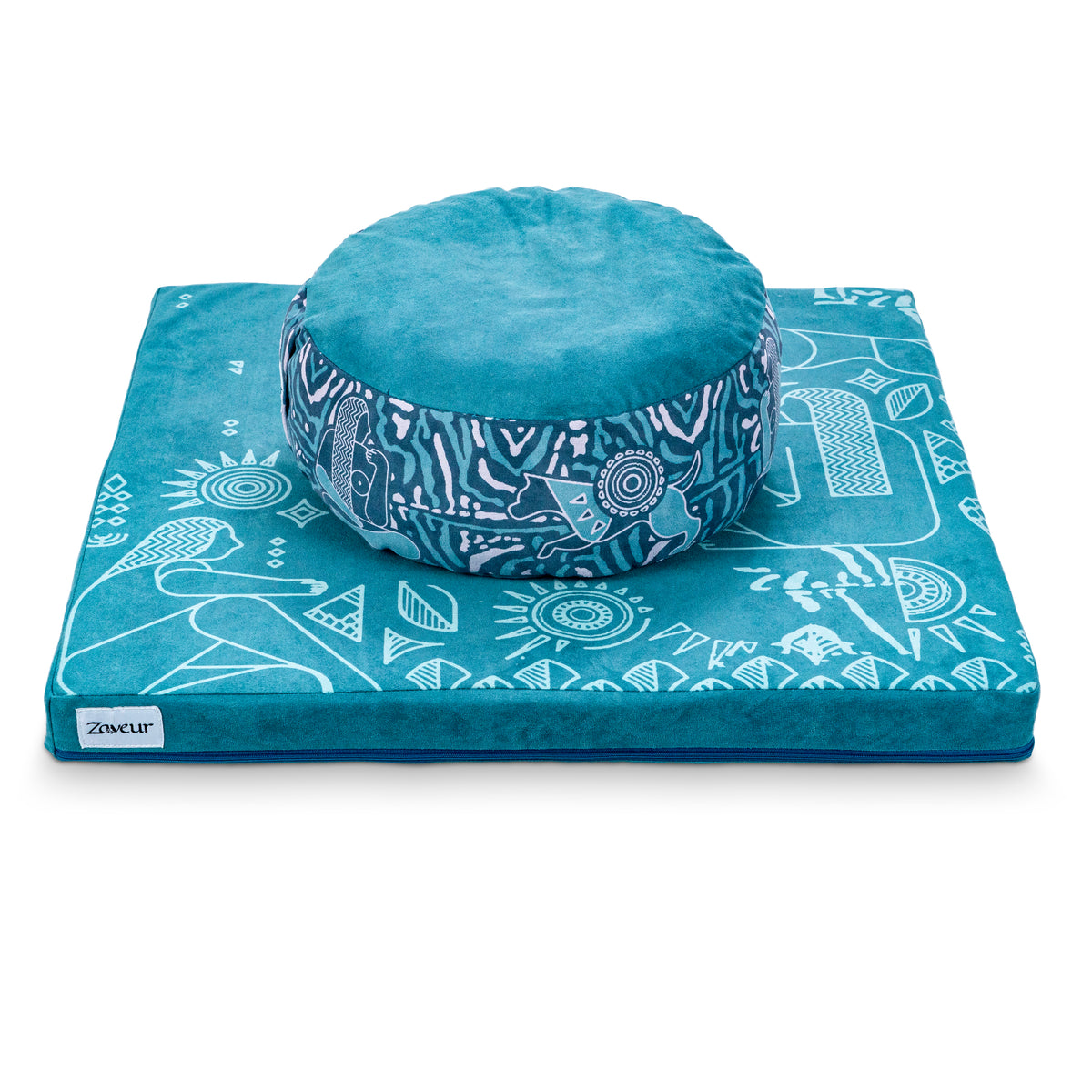 Round teal Royal Court meditation cushion on a square teal mat with white line-art figures and geometric patterns