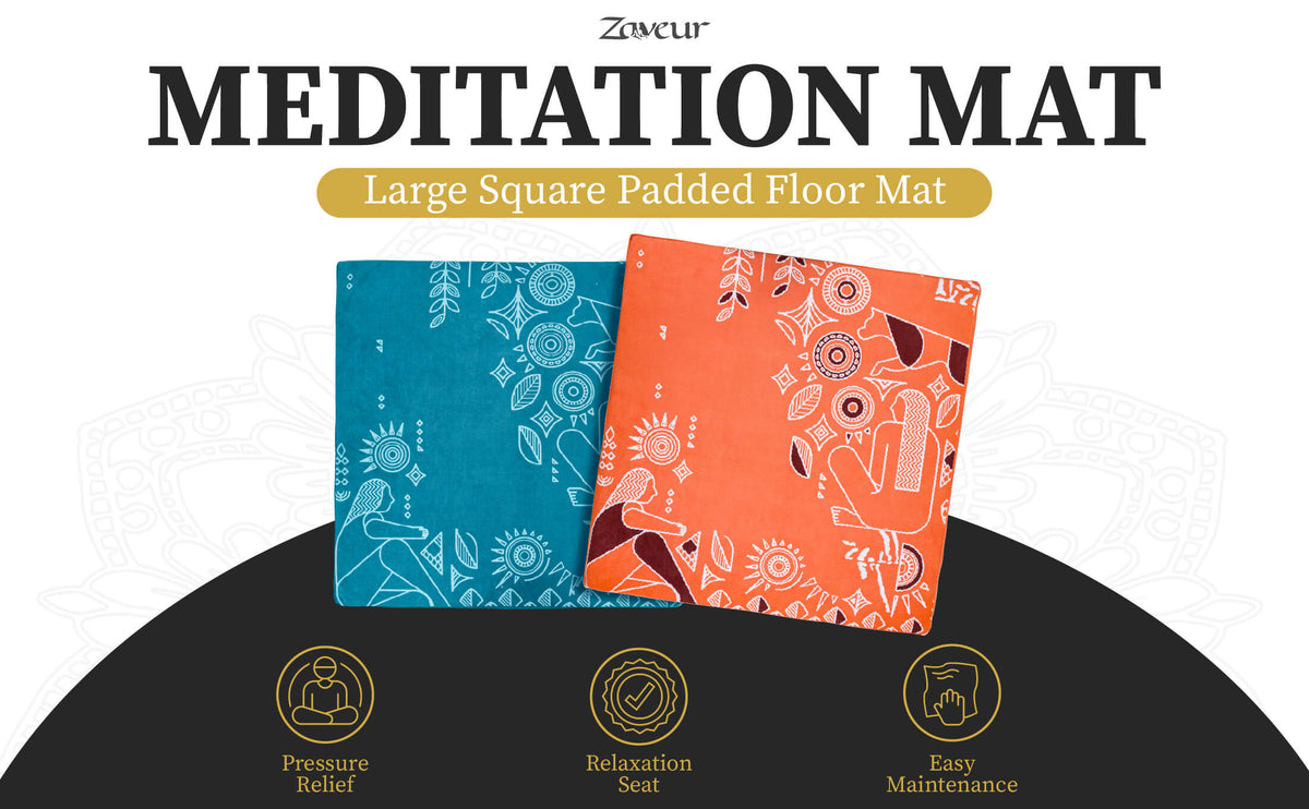 Feature graphic of teal and orange Royal Court meditation mats with icons for pressure relief, seating and easy care