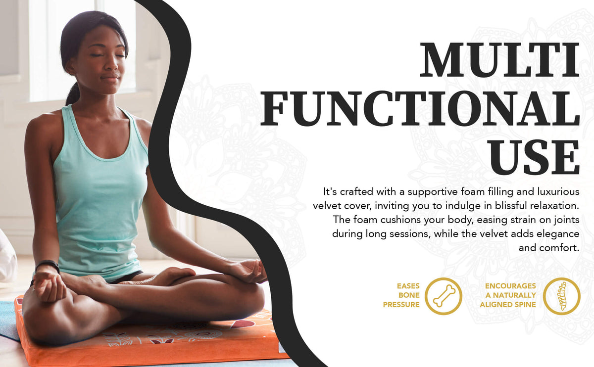 Woman meditating cross-legged on an orange Royal Court zabuton mat in an infographic headed Multi Functional Use