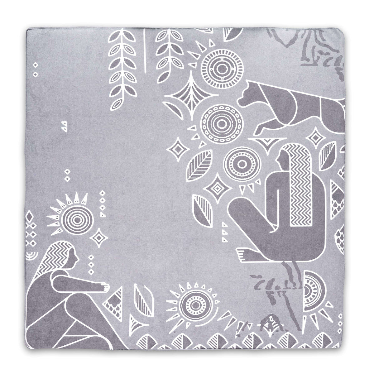 Royal Court square meditation mat in light gray with white and gray line-art figures, a feline and sun motifs