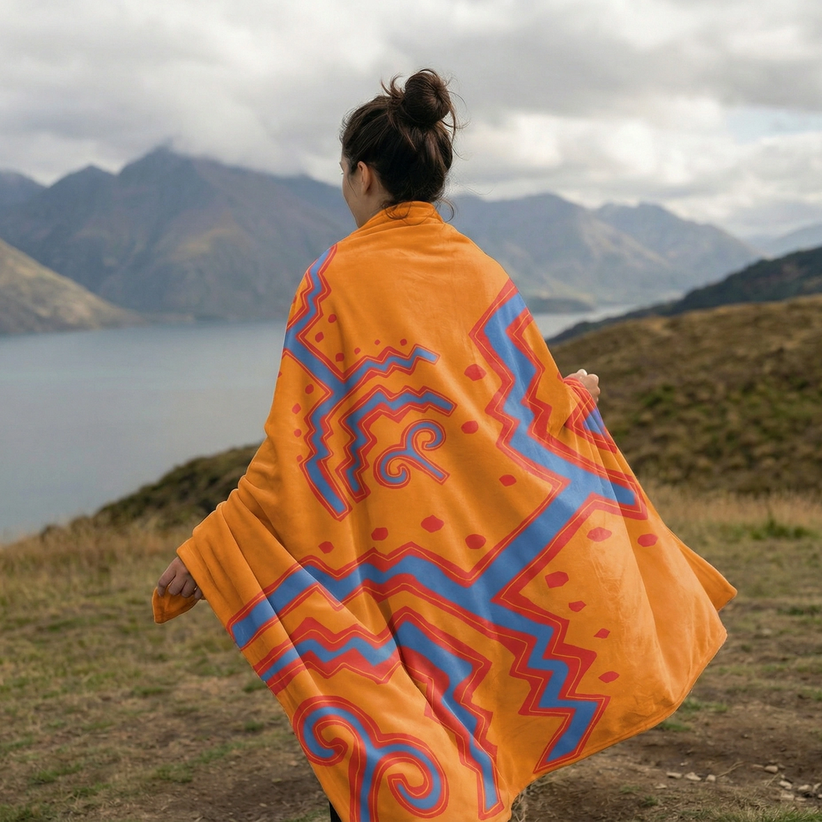 Woman seen from behind wrapped in the orange Colombian Dreams blanket with red and blue geometric bands, lake view