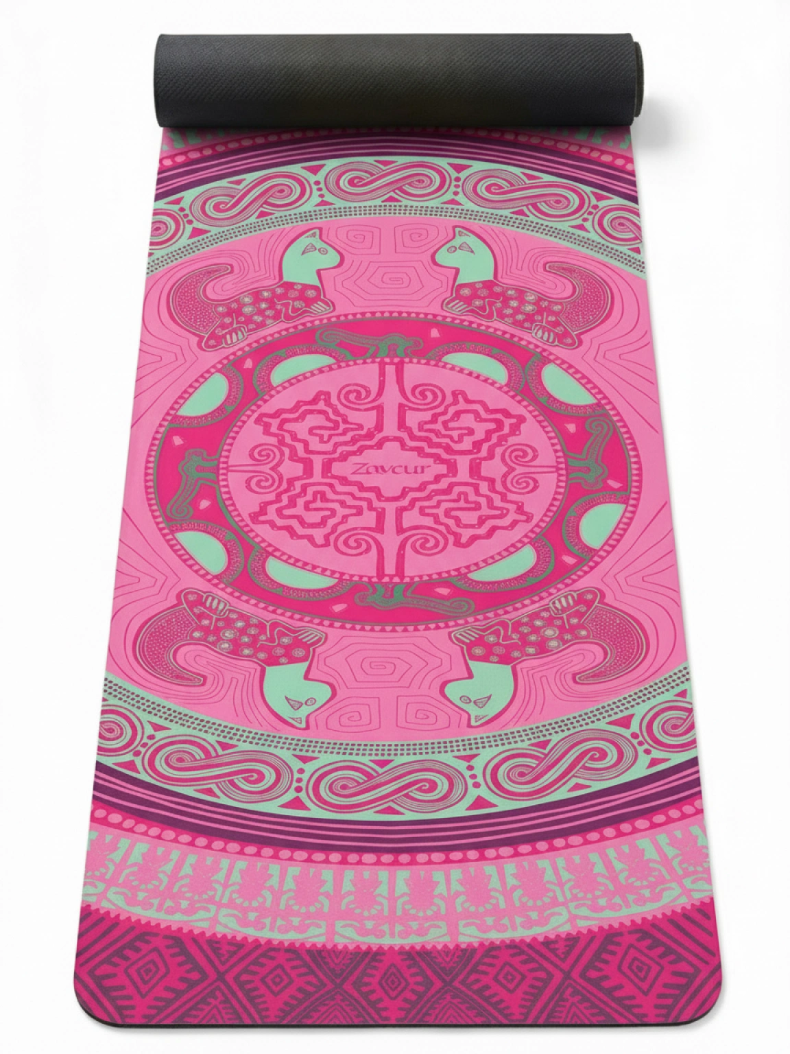 Colombian Dreams pink mandala yoga mat partly rolled, showing pink and mint cat motifs around a Zaveur center