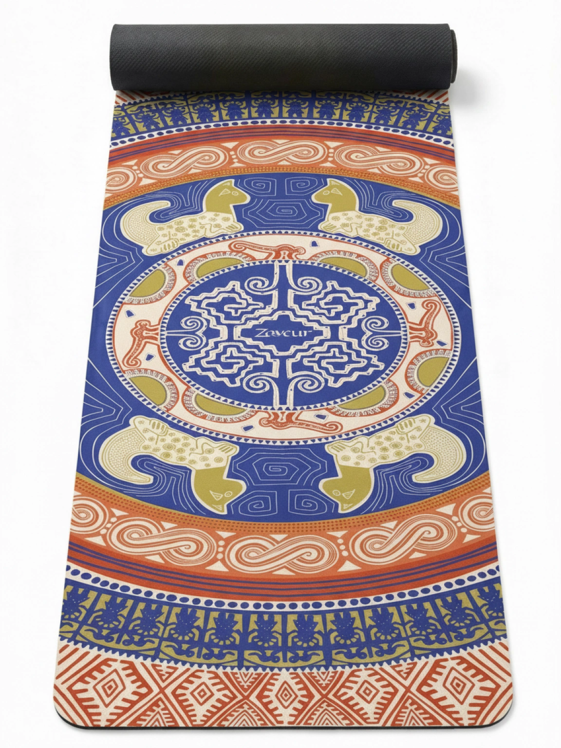 Colombian Dreams blue and gold mandala yoga mat partly rolled, showing cat motifs and orange geometric borders