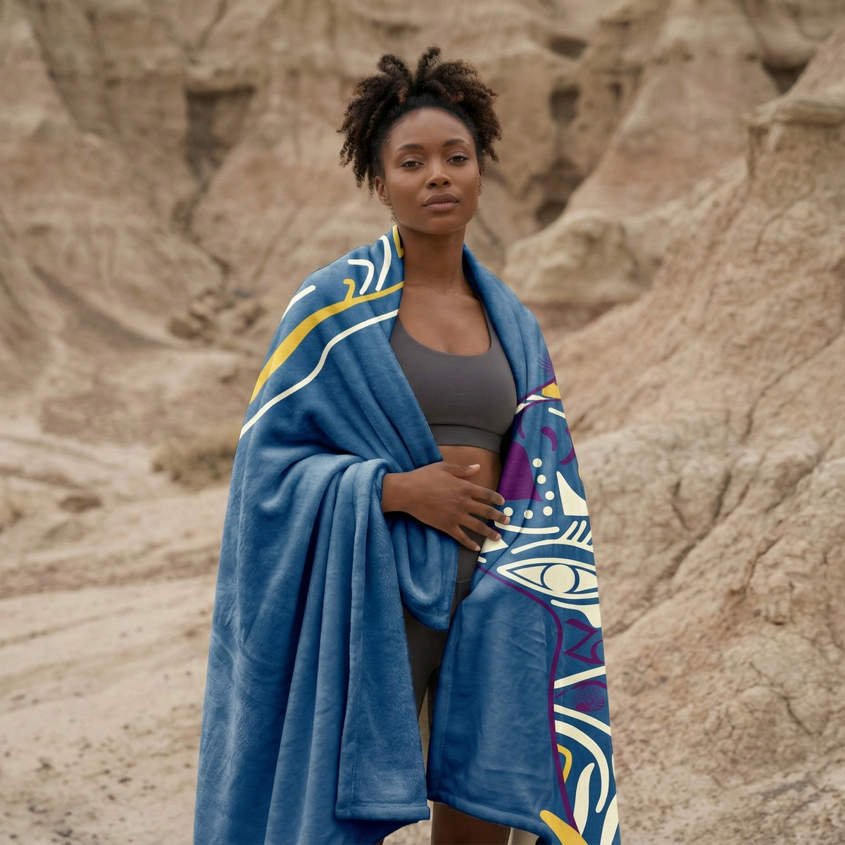 Woman wrapped in a blue Queen of Phoenix blanket with yellow and purple face print, standing in a rocky canyon