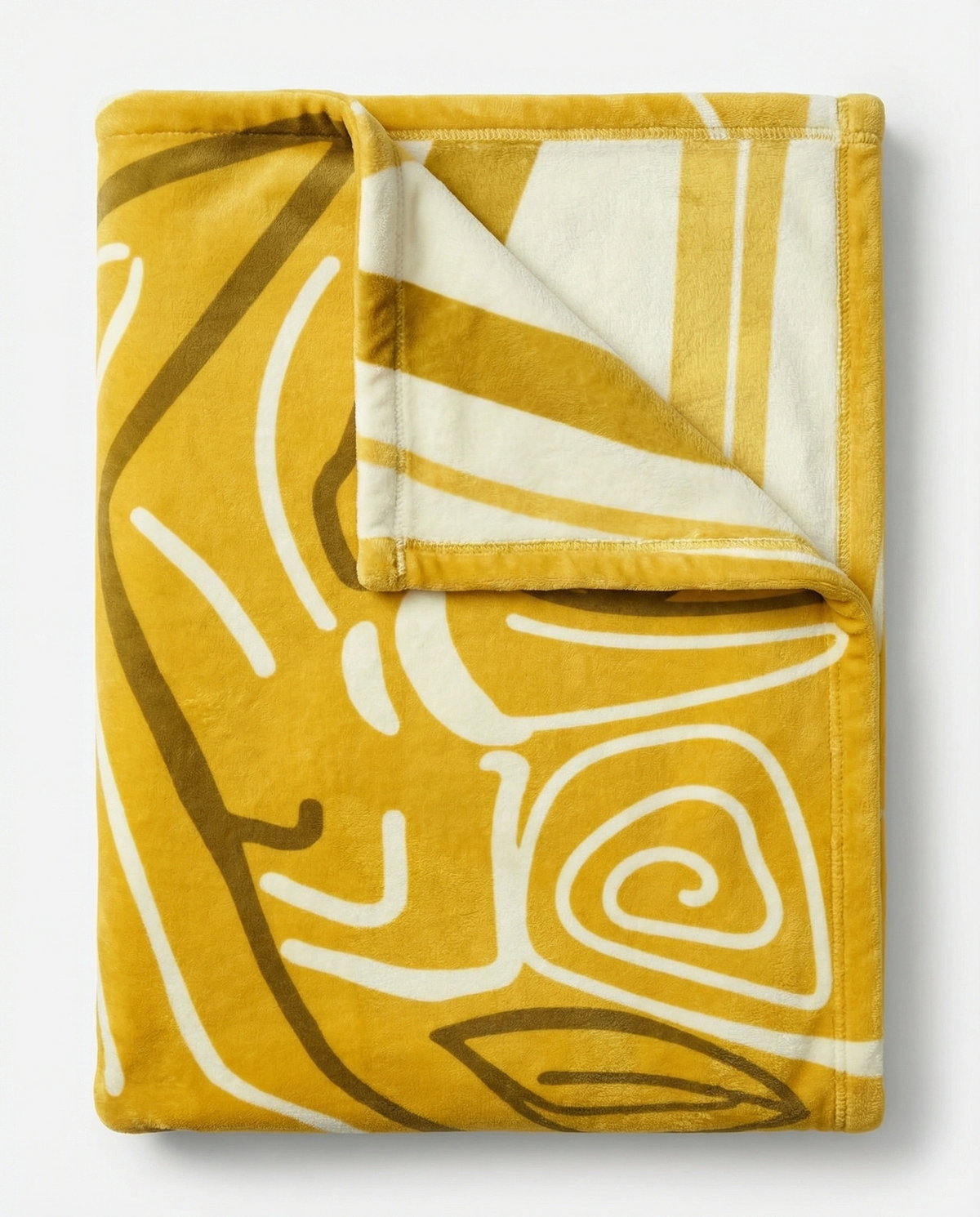 Folded golden yellow Queen of Phoenix blanket turned back to show the cream reverse, bold cream line art