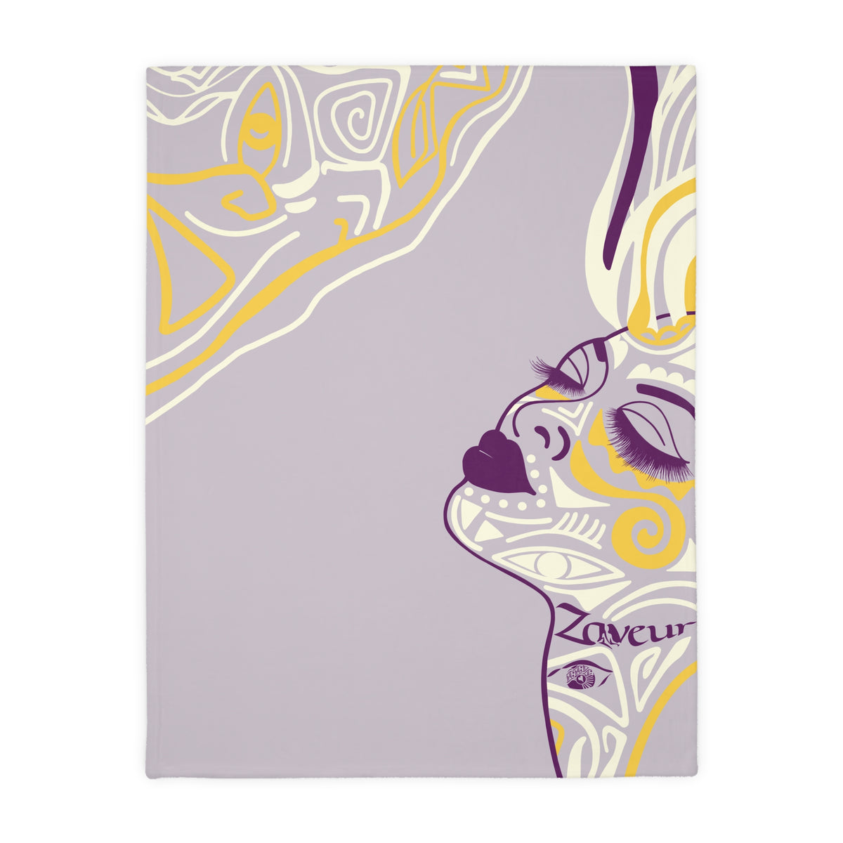 Queen of Phoenix velveteen blanket in lavender with a purple, yellow and cream line-art face in profile, laid flat