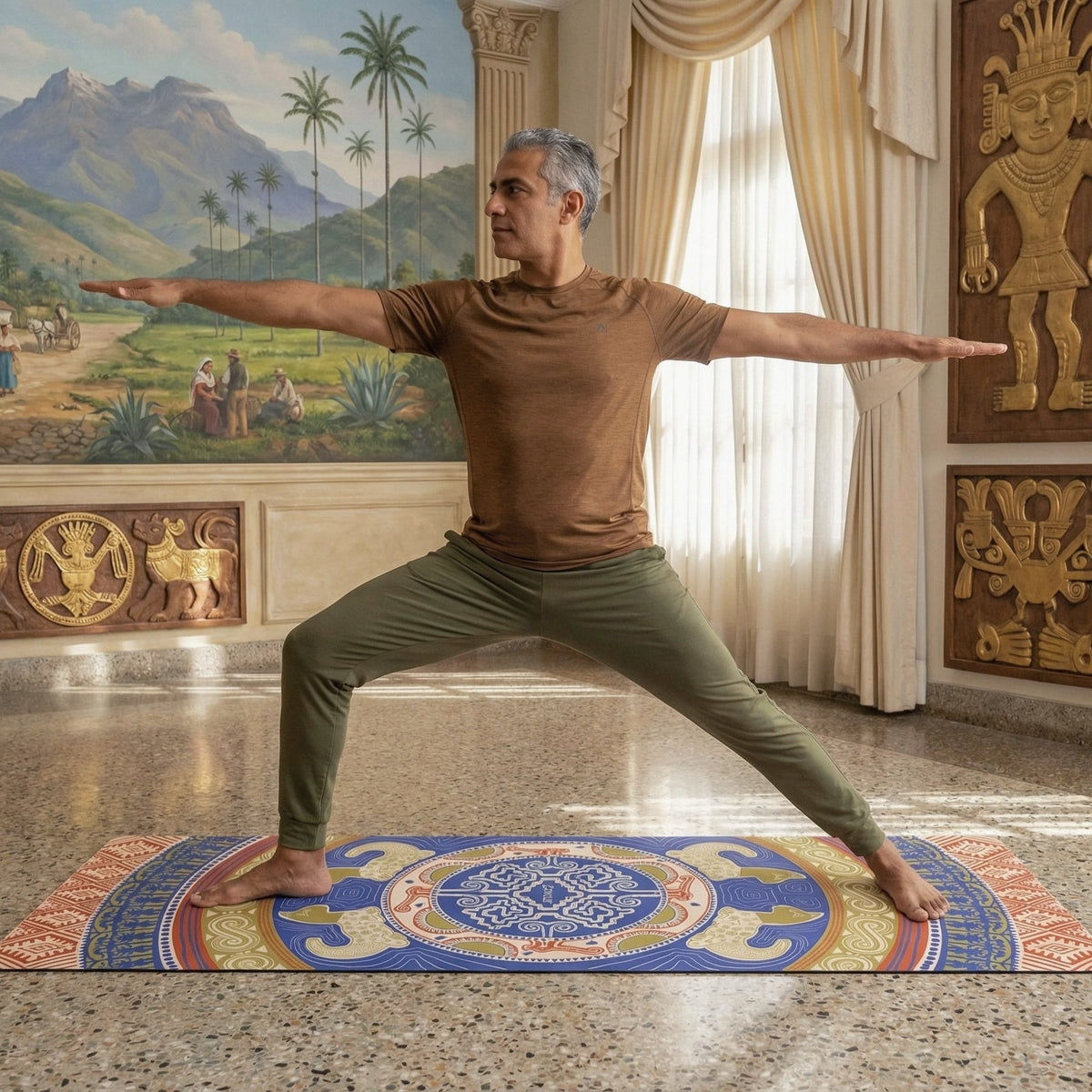 Man in warrior pose on the blue and cream Colombian Dreams mandala yoga mat in a grand room with a landscape mural