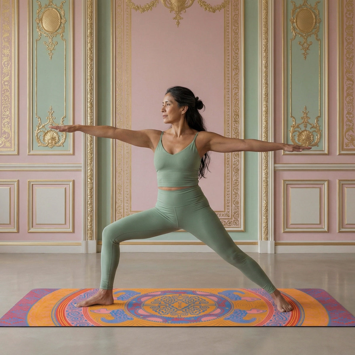 Woman in warrior pose on the orange and blue Colombian Dreams yoga mat in a pastel room with ornate wall panels