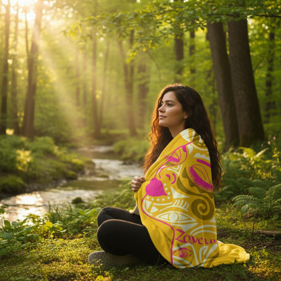 Woman seated by a forest stream wrapped in the golden yellow Queen of Phoenix blanket with a magenta line-art face