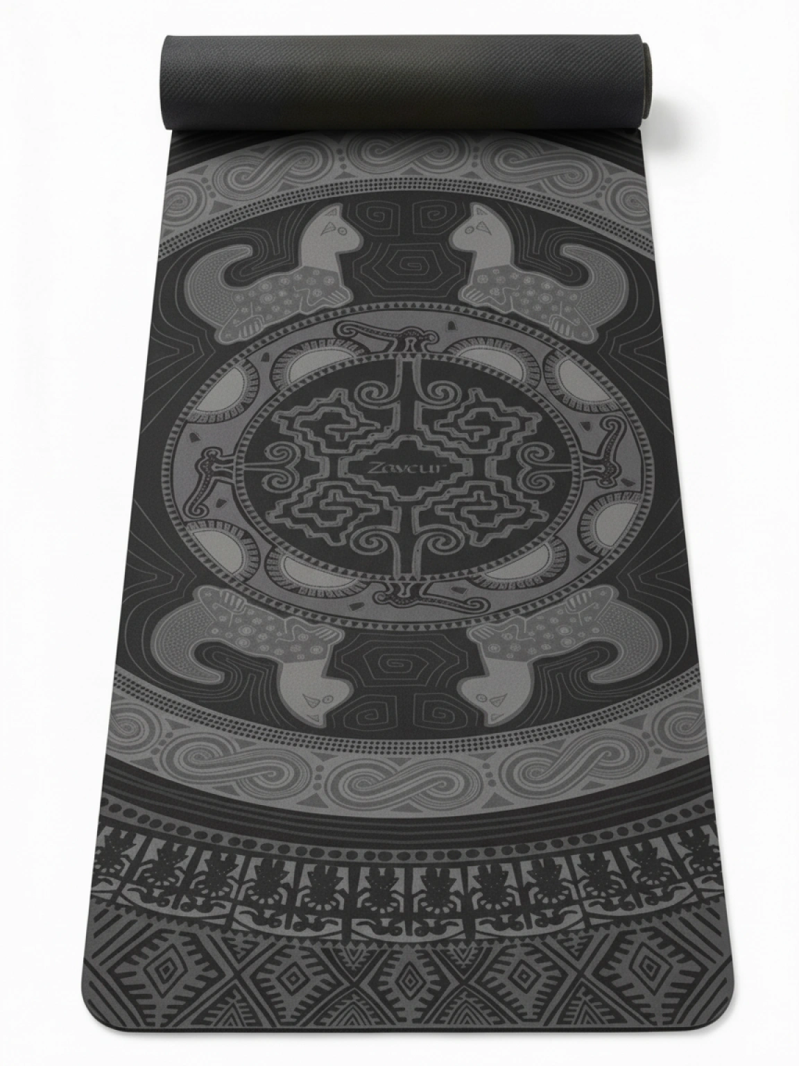 Colombian Dreams black yoga mat partly rolled, gray mandala pattern with line-art cats and Zaveur logo