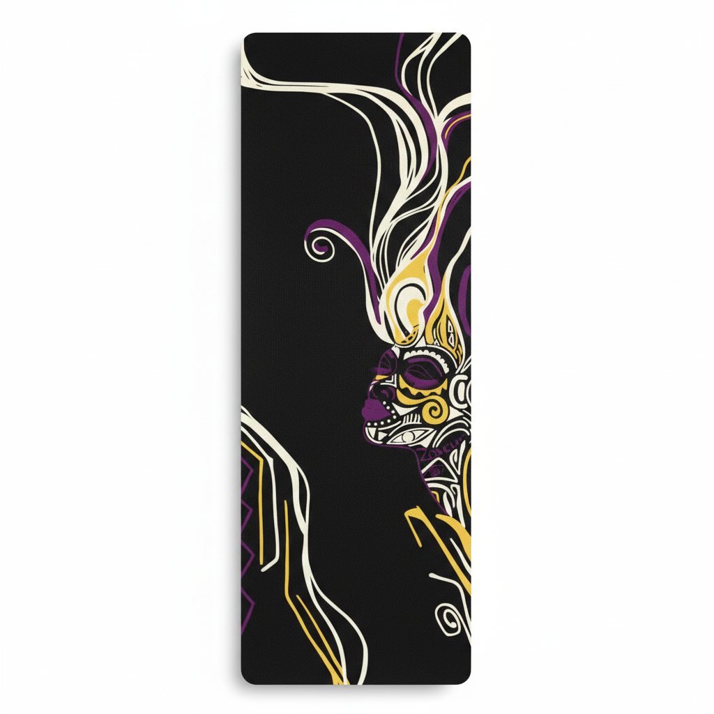 Queen of Phoenix yoga mat in black, a cream line-art face in profile with purple and gold flowing hair