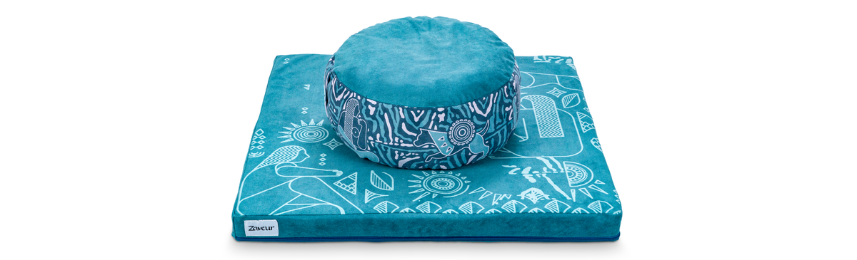 Blue yoga mat and meditation cushion bundle