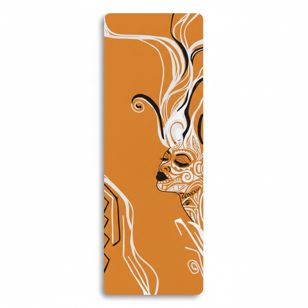 Queen of Phoenix yoga mat in burnt orange, a white line-art face in profile with black and white flowing hair