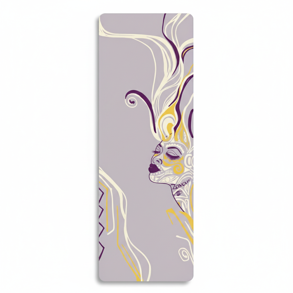 Queen of Phoenix yoga mat in lavender grey, a cream line-art face in profile with purple and gold flowing hair