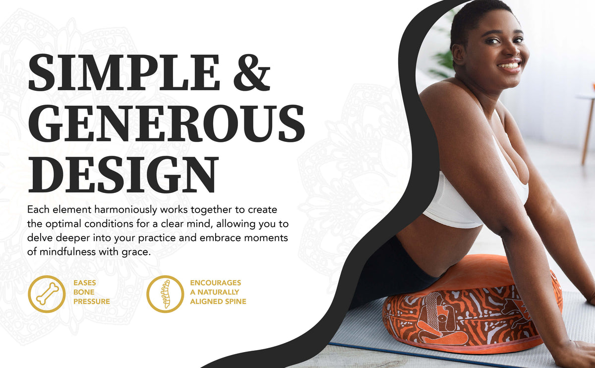 Smiling woman stretching beside an orange Royal Court meditation cushion, next to the words Simple and Generous Design