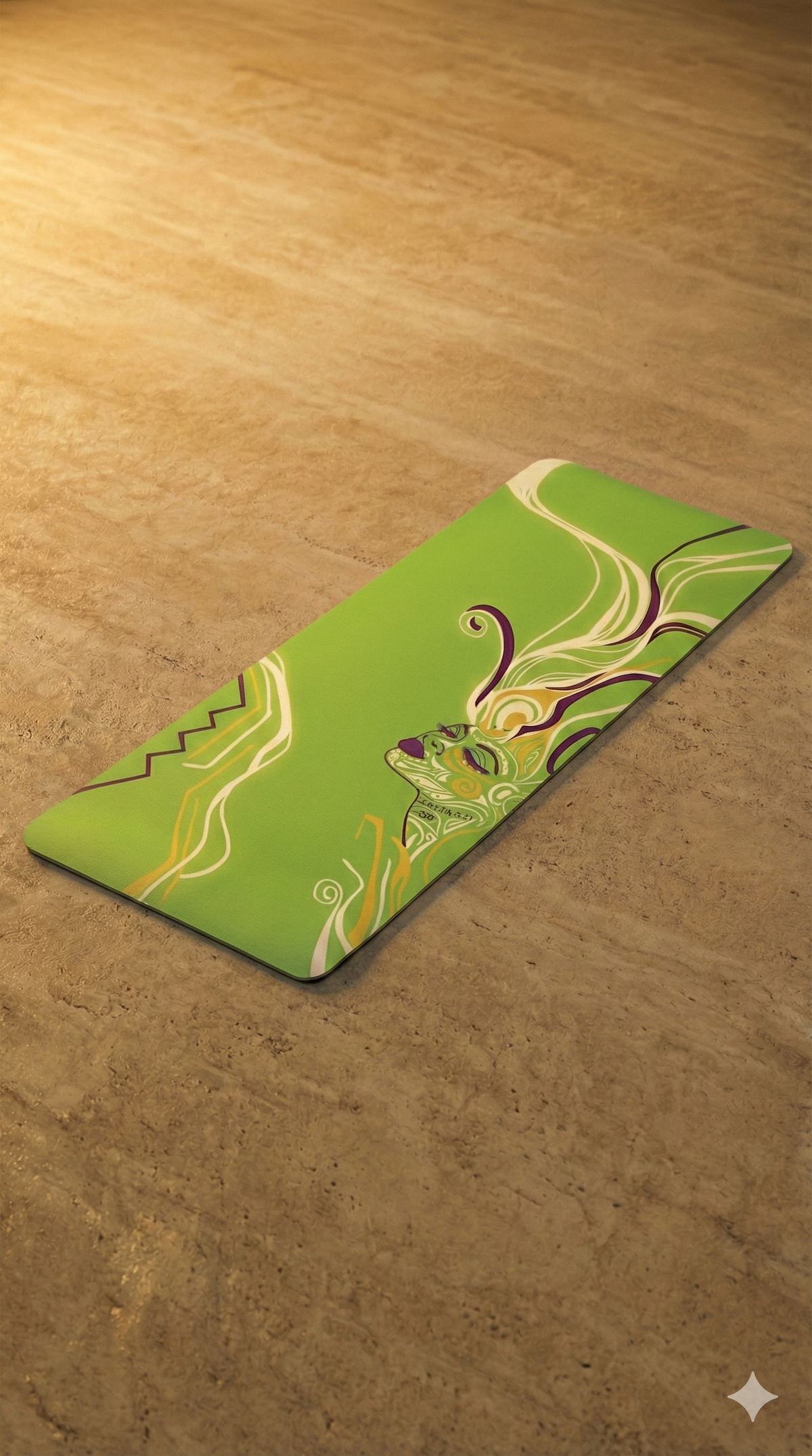 Queen of Phoenix green yoga mat flat on a stone floor, with an illustrated profile face and cream and purple swirling lines