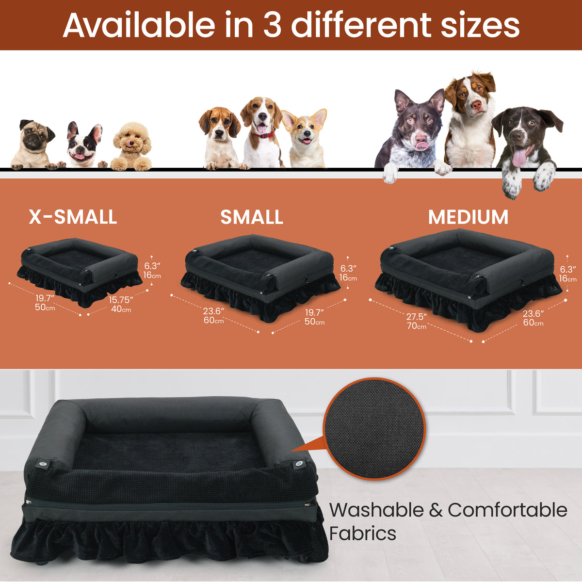 Size chart showing the dog bed in X-small, small and medium, 19.7 x 15.75 to 27.5 x 23.6 inches, plus fabric detail