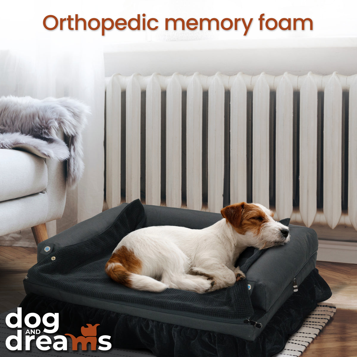 Dog sleeping on the black bolster dog bed beside a white radiator in a living room