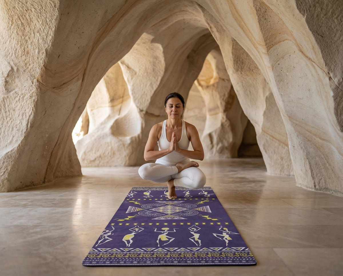 Woman meditating in lotus position with prayer hands on purple yoga mat inside organic shaped cave