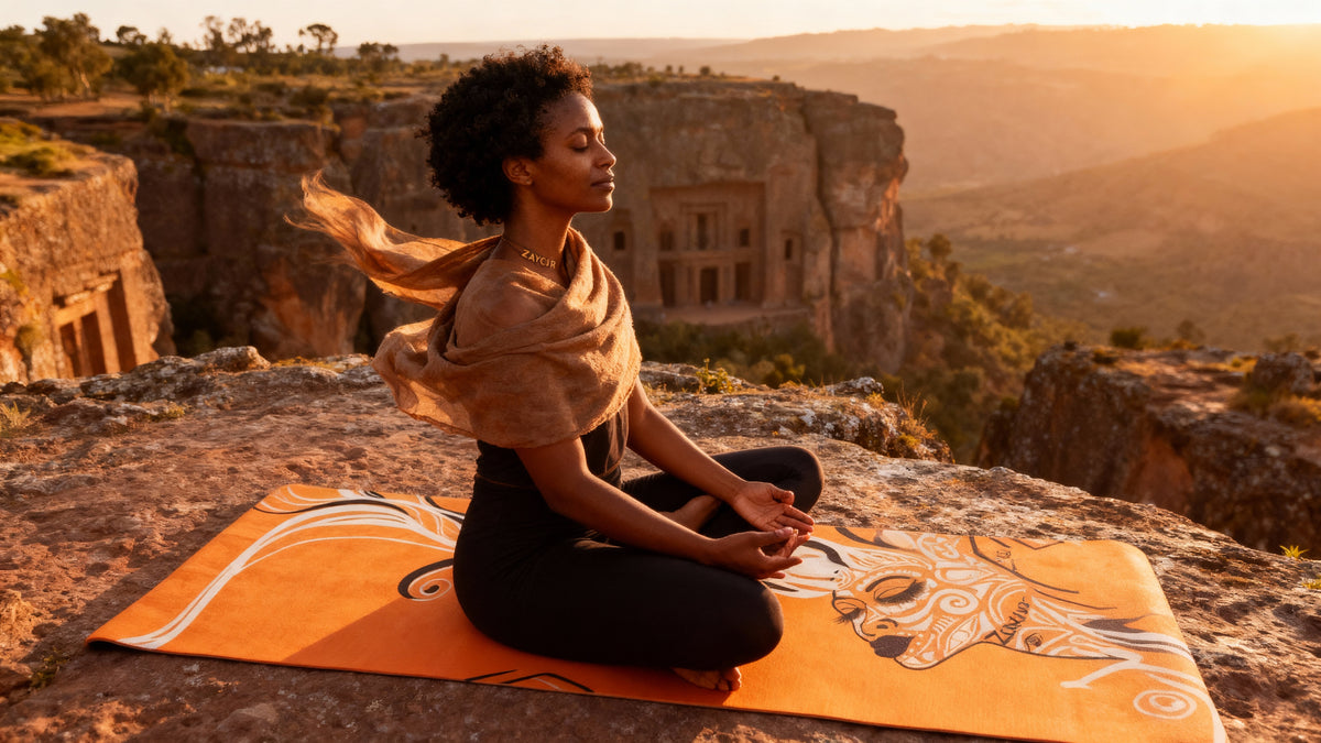 Woman meditating on the orange Queen of Phoenix yoga mat on a clifftop at sunset, rock-cut buildings behind