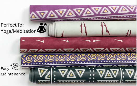 Five rolled Dancing Ladies travel yoga mats in purple, cream, burgundy, navy and green with geometric borders