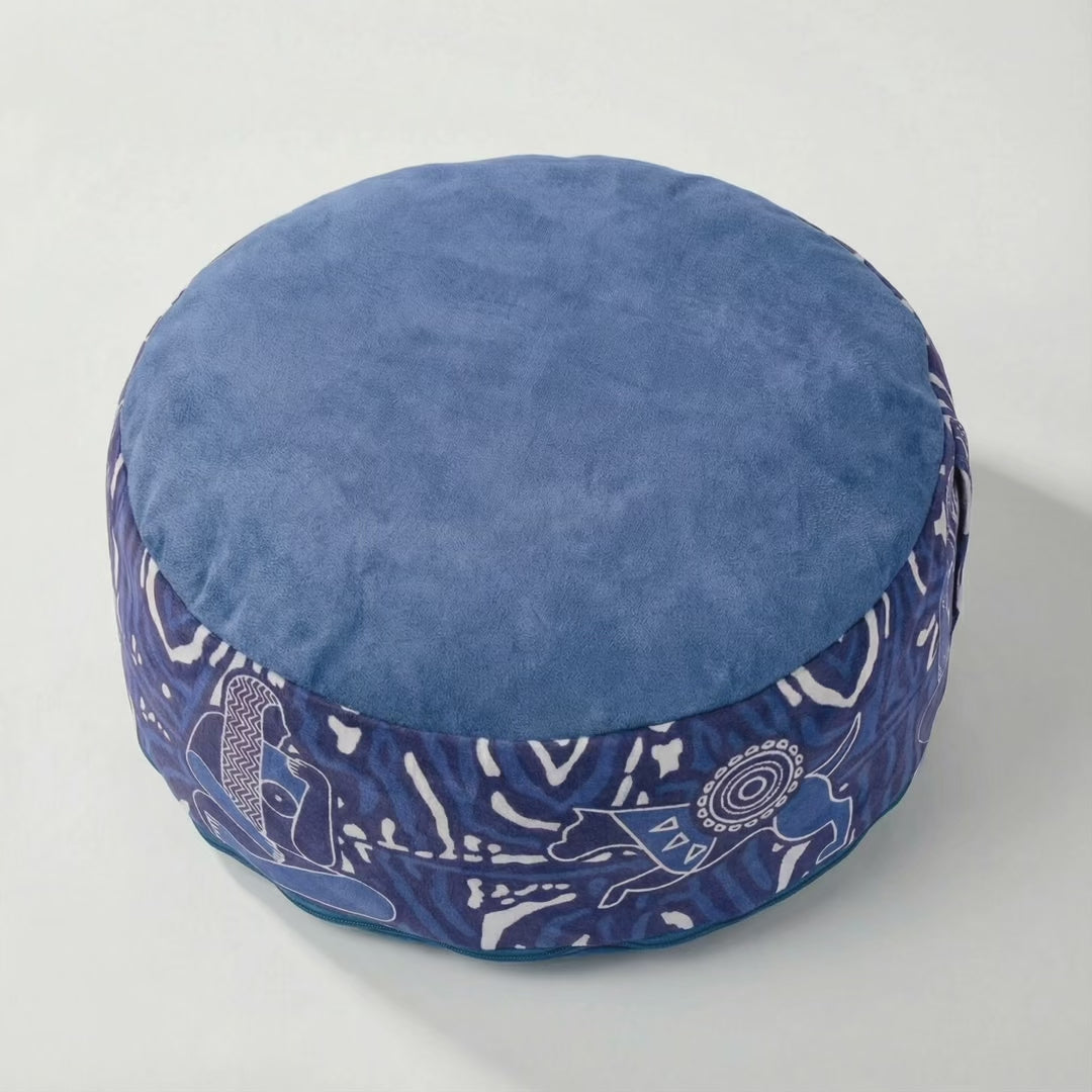 Product video of the Royal Court meditation cushion in blue, orange, teal and grey, line-art pattern around each side