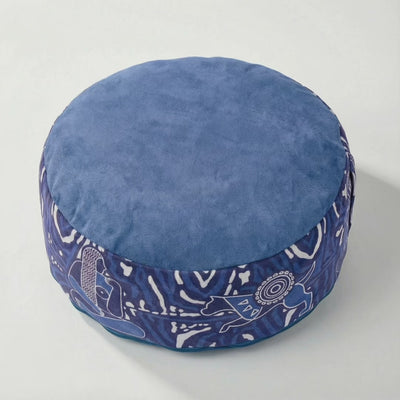 Product video of the Royal Court meditation cushion in blue, orange, teal and grey, line-art pattern around each side