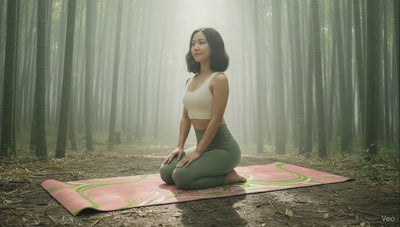 Queen of Phoenix yoga mat video: a woman moves from kneeling into a stretch on the blush pink mat in a bamboo forest