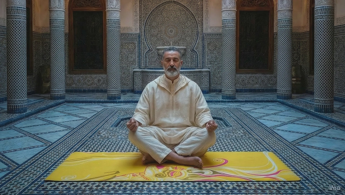 Queen of Phoenix yoga mat video: a man stretches on the mustard yellow mat in a tiled courtyard with columns