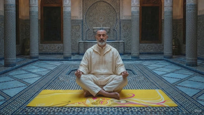 Queen of Phoenix yoga mat video: a man stretches on the mustard yellow mat in a tiled courtyard with columns