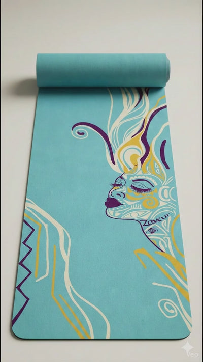 Queen of Phoenix yoga mat video: the turquoise mat partly rolled, moving in close on the line-art face