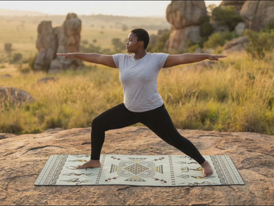 Dancing Ladies yoga mat video: people hold poses on cream, purple and yellow mats outdoors and in a stone cave
