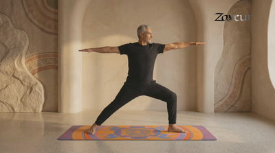 Colombian Dreams yoga mat video: people hold warrior poses on orange, blue and pink mandala mats in arched rooms