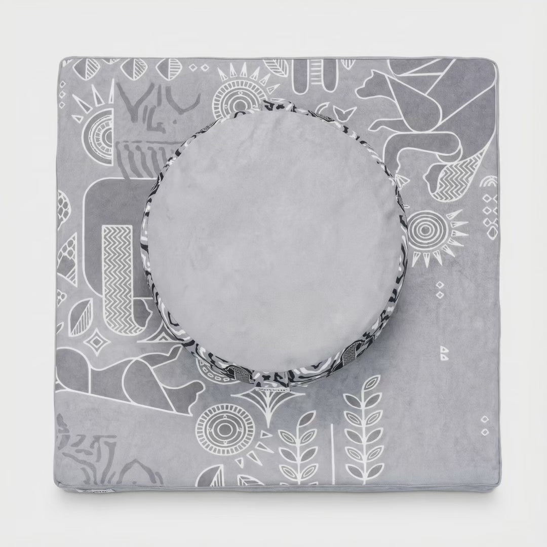 Product video of Royal Court cushion and zabuton sets in grey, orange, blue and teal, with line-art patterns