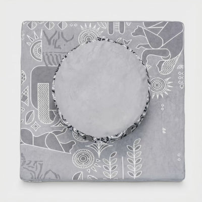 Product video of Royal Court cushion and zabuton sets in grey, orange, blue and teal, with line-art patterns
