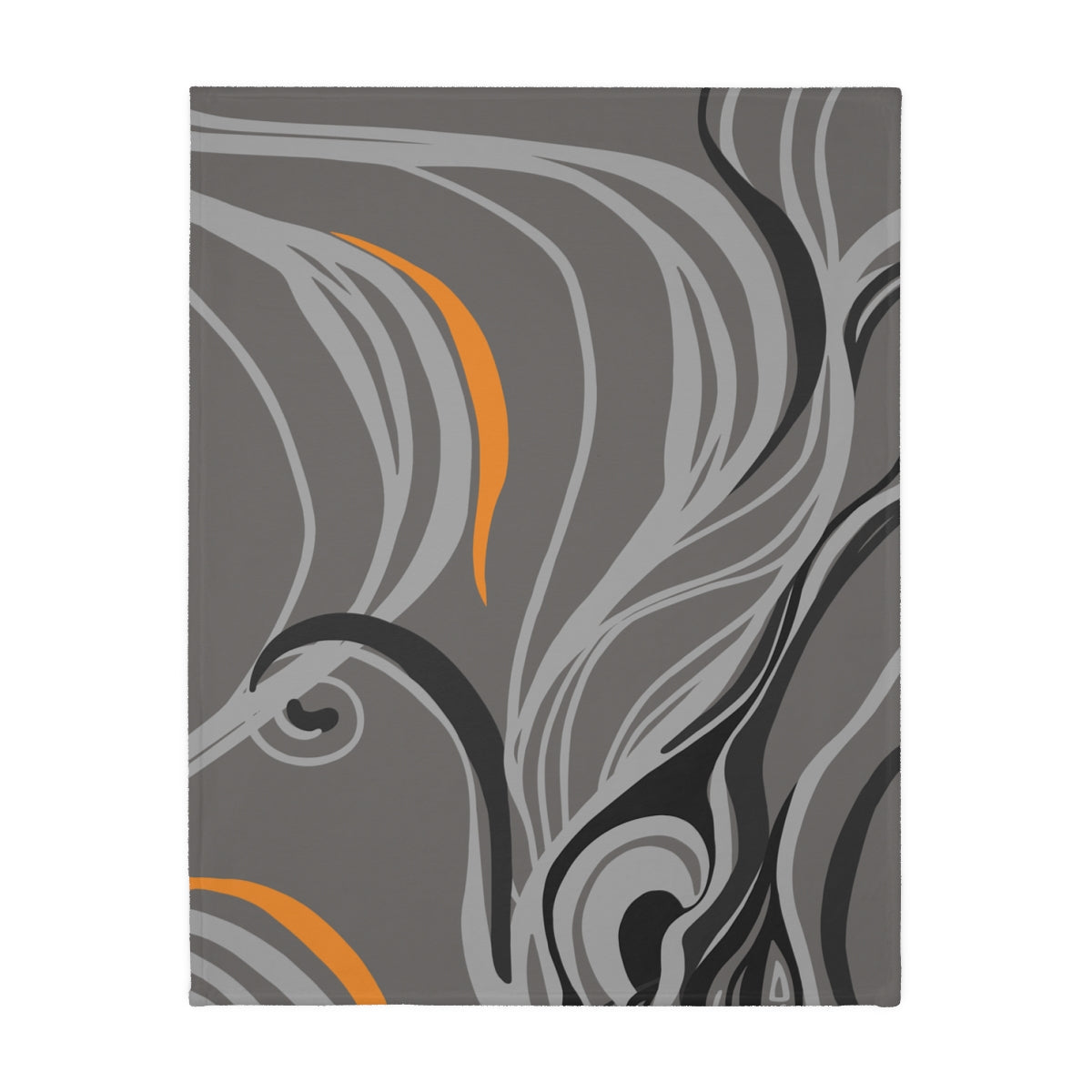 Reverse of the Queen of Phoenix gray blanket in charcoal with flowing light gray, black and orange lines, laid flat