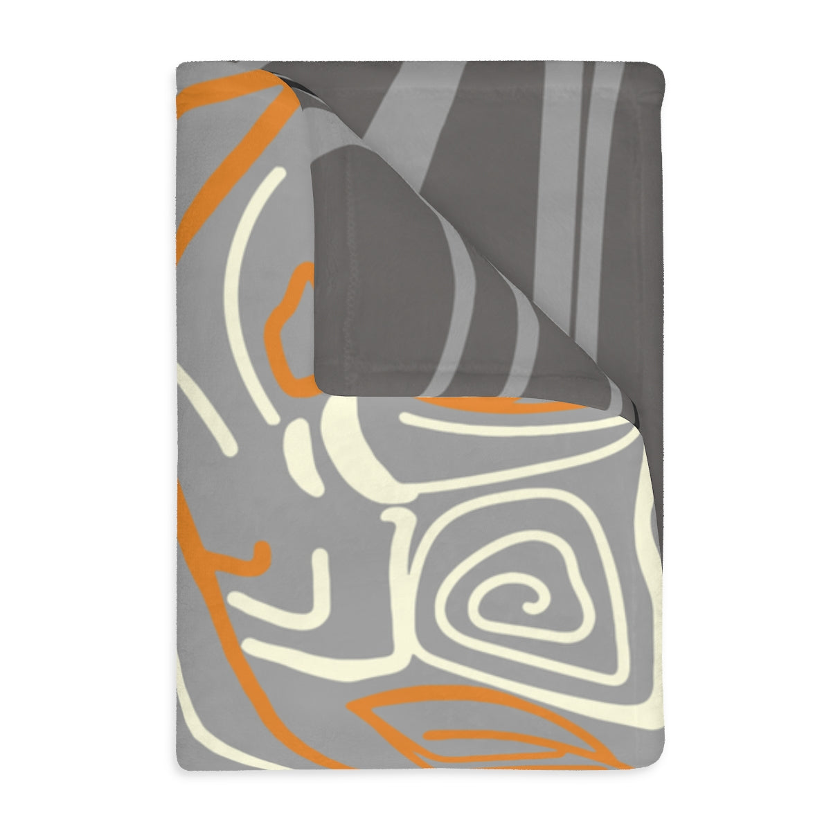 Folded light gray Queen of Phoenix blanket turned back to show the charcoal reverse, bold cream and orange line art