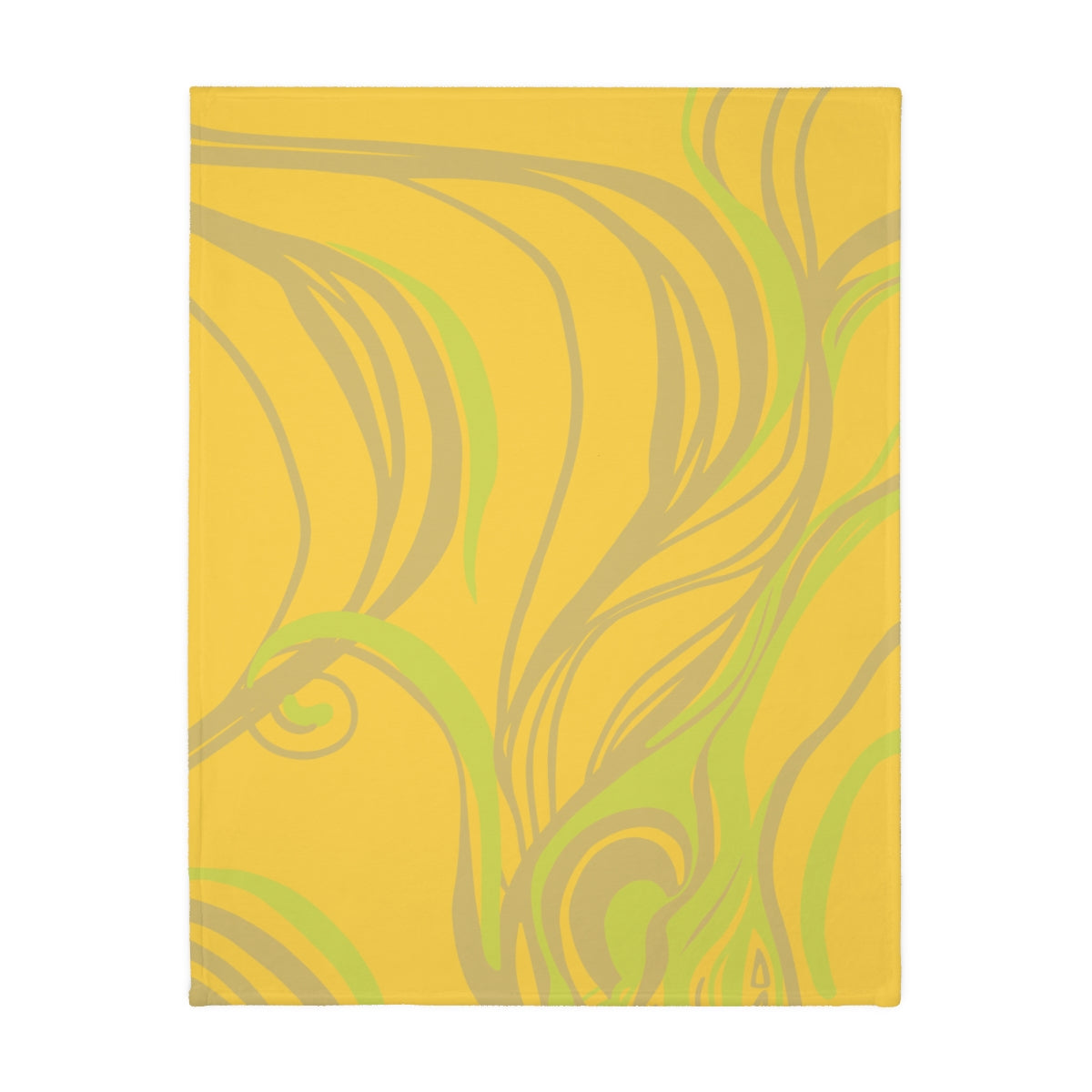 Reverse of the Queen of Phoenix lime blanket in golden yellow with flowing tan and lime lines, laid flat