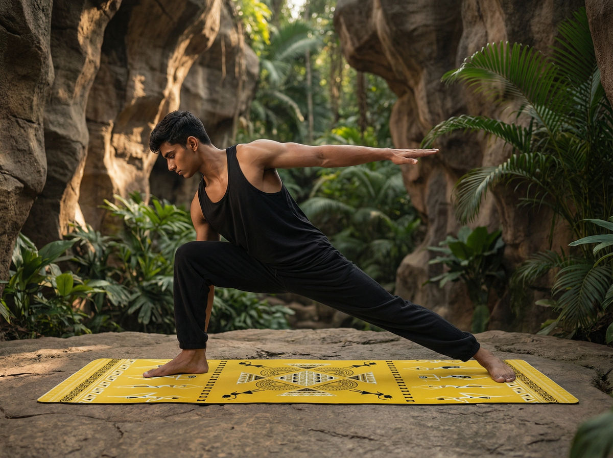 Person in black attire doing side plank yoga pose on yellow mat in lush jungle environment