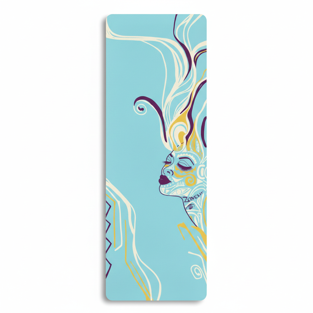 Queen of Phoenix yoga mat in turquoise, a cream line-art face in profile with purple and gold flowing hair