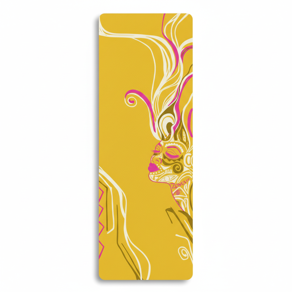 Queen of Phoenix yoga mat in mustard yellow, a cream line-art face in profile with pink and olive flowing hair