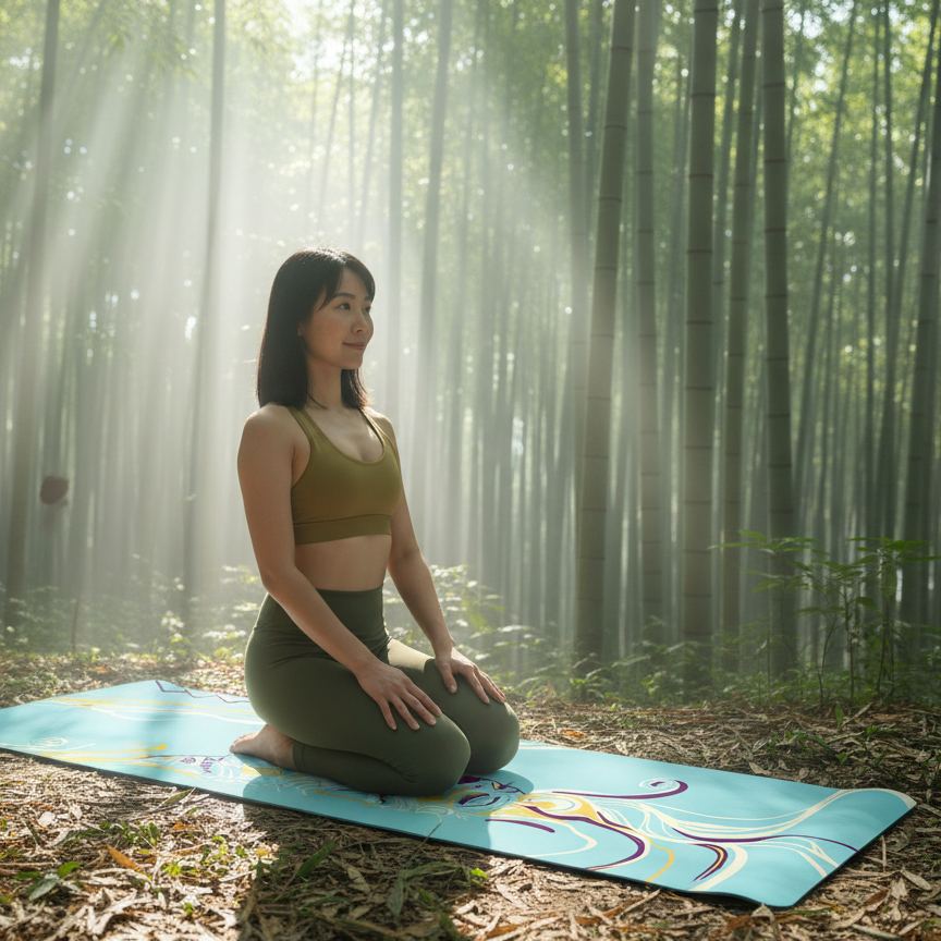 Woman kneeling on the turquoise Queen of Phoenix yoga mat in a misty bamboo forest