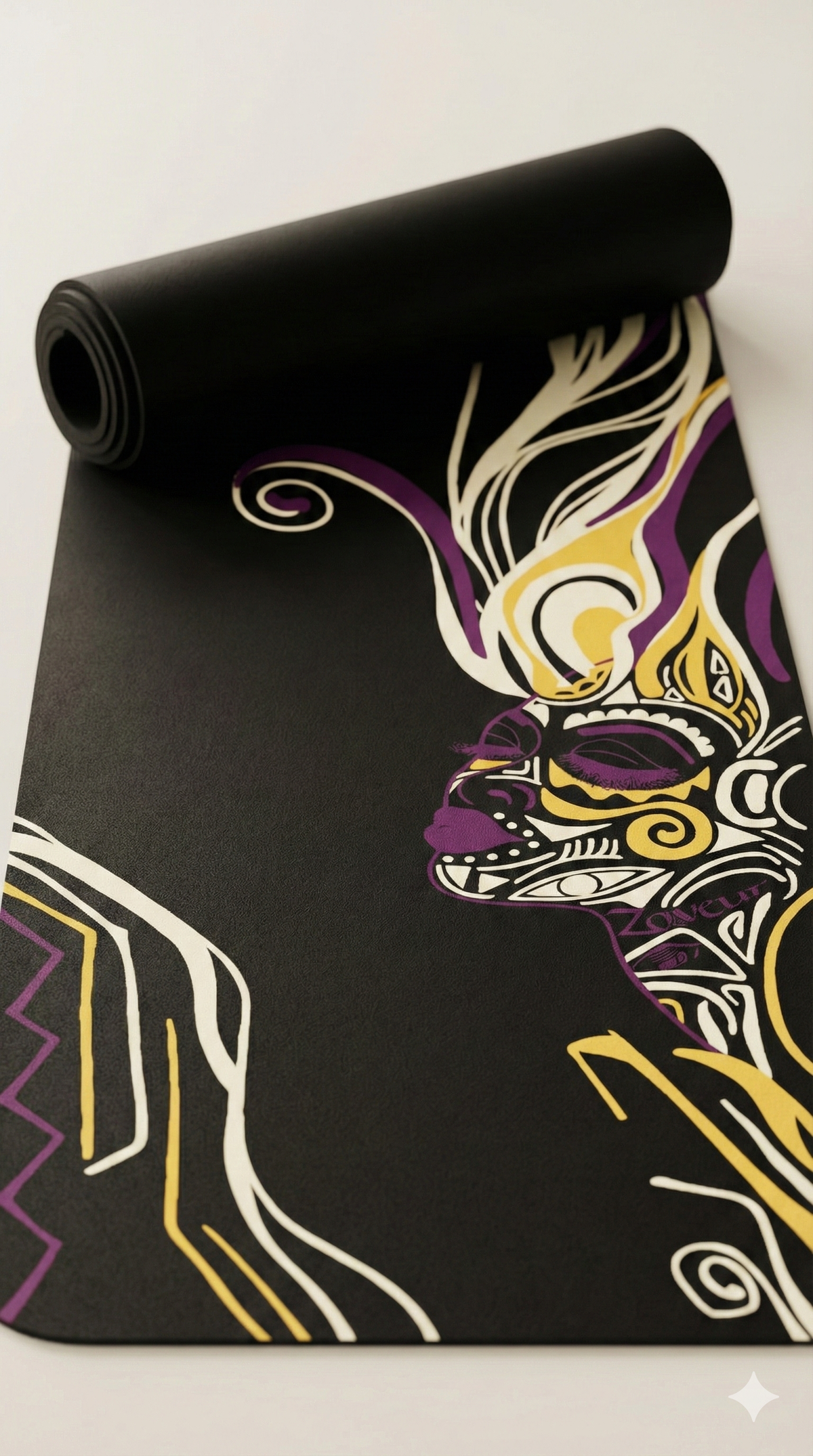 Black Queen of Phoenix yoga mat partly rolled, close view of the line-art face in purple, gold and cream