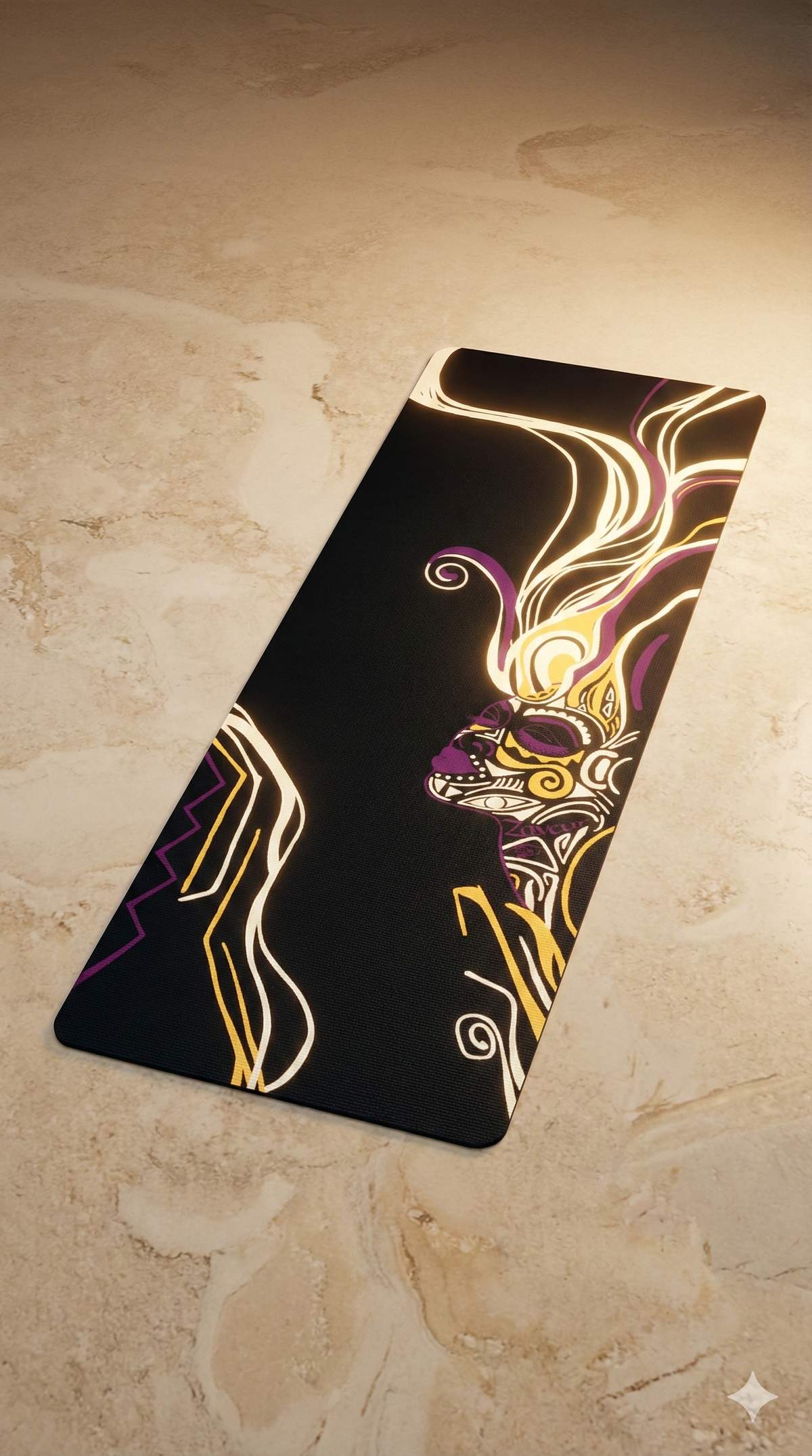 Black Queen of Phoenix yoga mat on a marble floor, cream line-art face with purple and gold flowing hair
